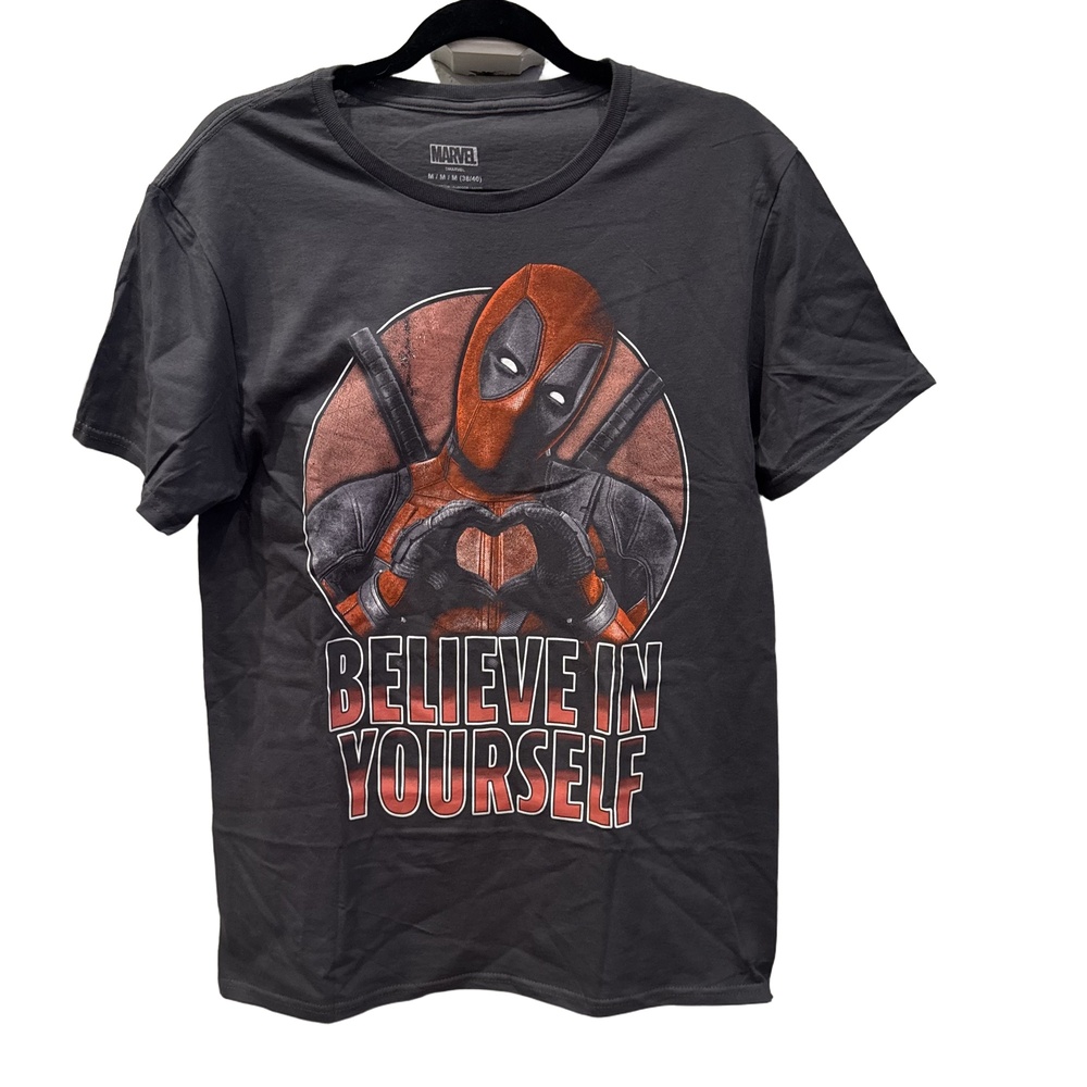 New Marvel Deadpool Black Charcoal Believe In Yourself Short Sleeve TShirt M